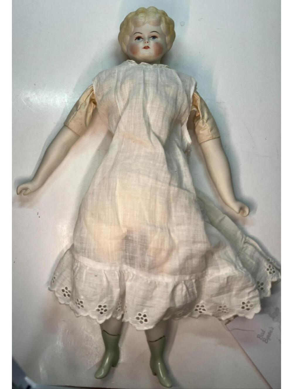 Vtg SAMPLE Porcelain Blonde 17" Doll Head Arms Legs on Cloth Rag Body Doll Boots